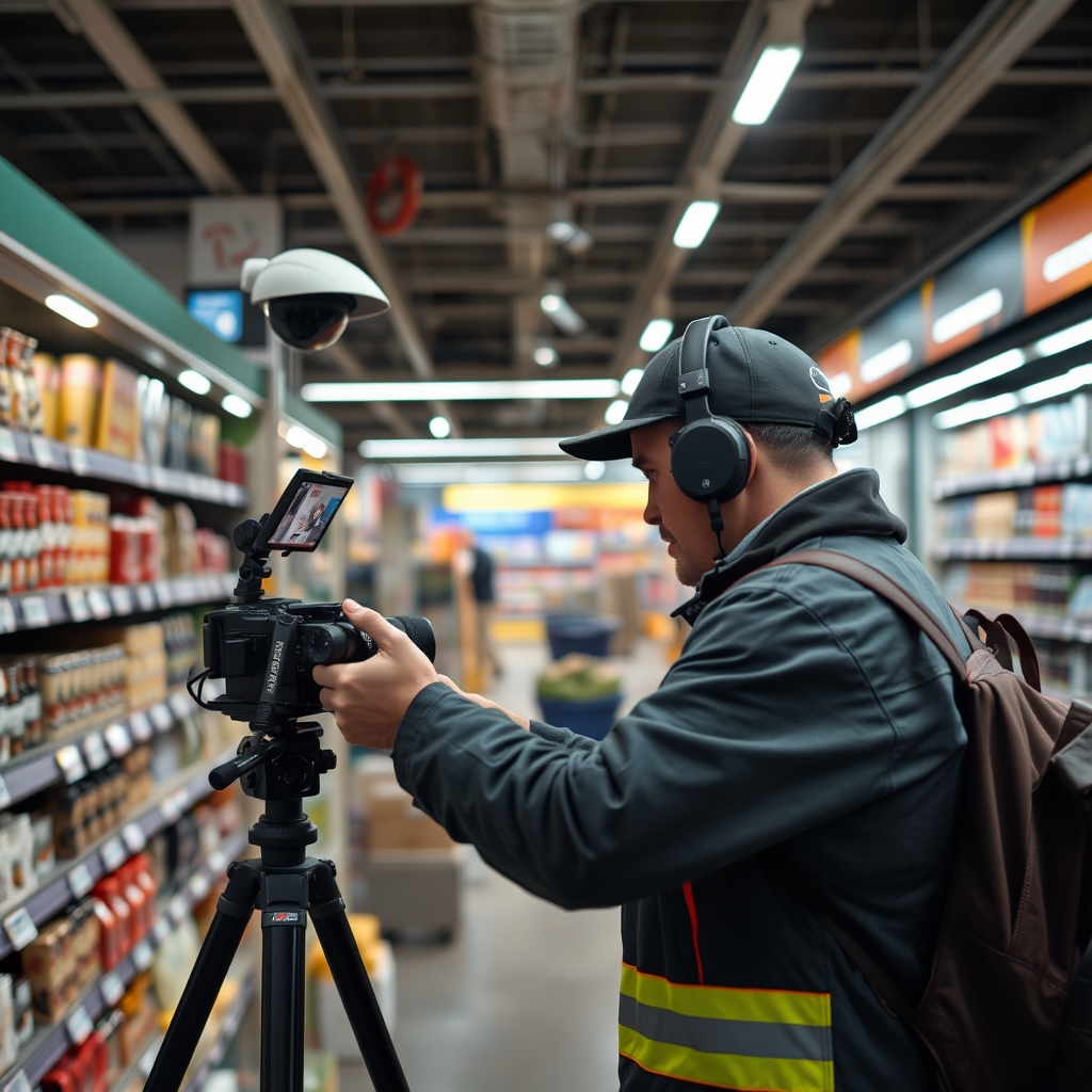 Vidéosurveillance de commerce en cours de pose (illustration)